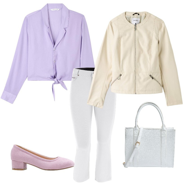 Outfit donna - Colori chiari. Stile Casual chic per Tutti i giorni. Abbinamento con décolleté, camicie, blazer, shopping bag, pantaloni capri.