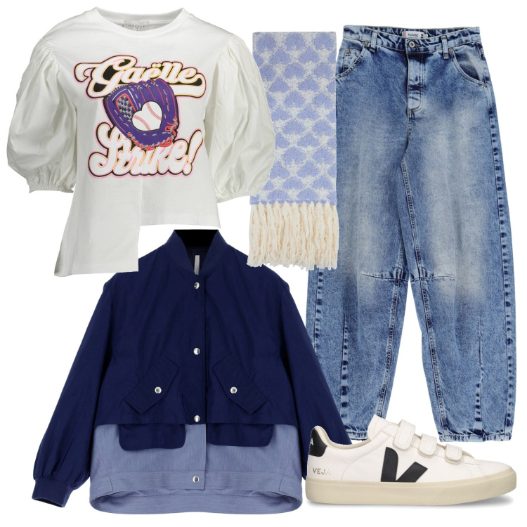 Outfit donna - Sportivissima. Stile Casual per Tutti i giorni. Abbinamento con sciarpe, bomber, jeans, t-shirt, sneakers.