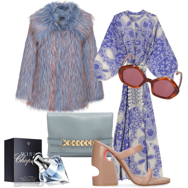 Outfit donna - Total look #1835649. Stile Glamour per Serata fuori. Abbinamento con profumi, cappotti, vestiti lunghi, occhiali da sole, sandali col tacco, pochette.