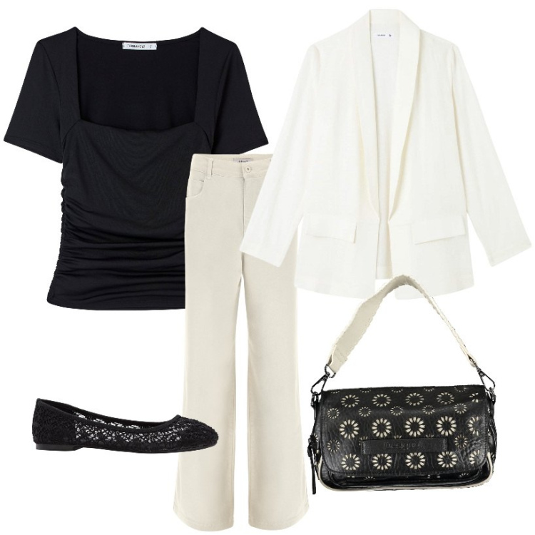 Outfit donna - Casual col blazer. Stile Casual per Tutti i giorni. Abbinamento con ballerine, t-shirt, blazer, jeans, borse a spalla.