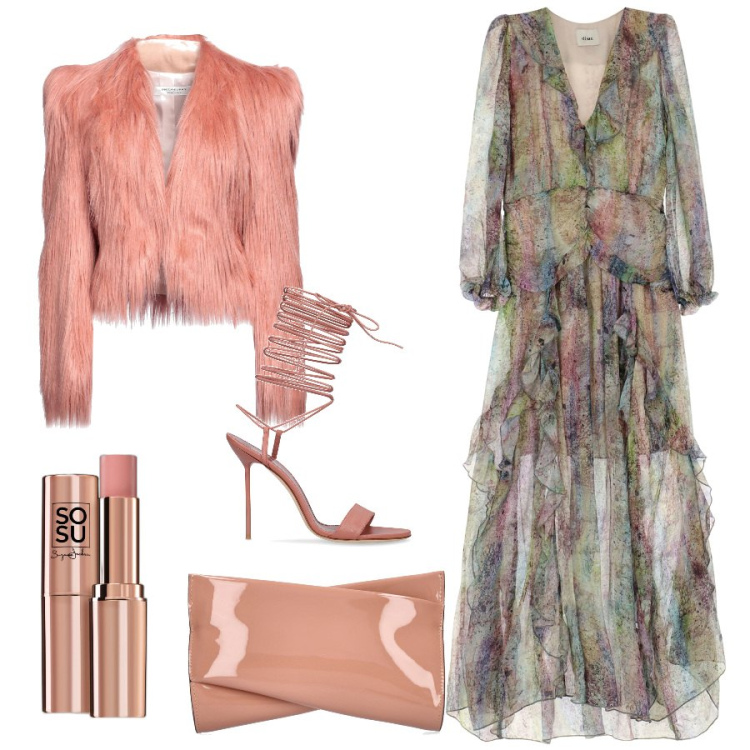 Outfit donna - Total look #1835707. Stile Glamour per Serata fuori. Abbinamento con cappotti, blush, vestiti lunghi, pochette, sandali in pelle.