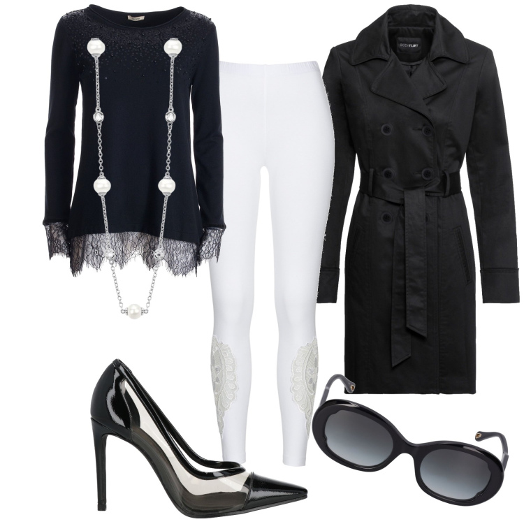 Outfit donna - Leggings e tacchi. Stile Trendy per Tutti i giorni. Abbinamento con trench, leggings, décolleté, collane, maglieria, occhiali da sole.