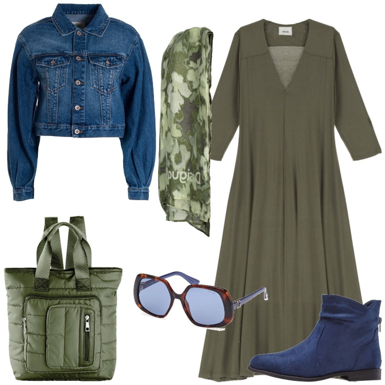 Outfit donna - Dinamica. Stile Casual per Tutti i giorni. Abbinamento con stivaletti, zaini, giacche, vestiti lunghi, foulard, occhiali da sole.