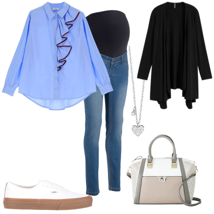 Outfit donna - In dolce attesa. Stile Casual per Tutti i giorni. look ideale per Premaman. Abbinamento con jeans skinny, cardigans, borse a mano, sneakers, collane, camicie.