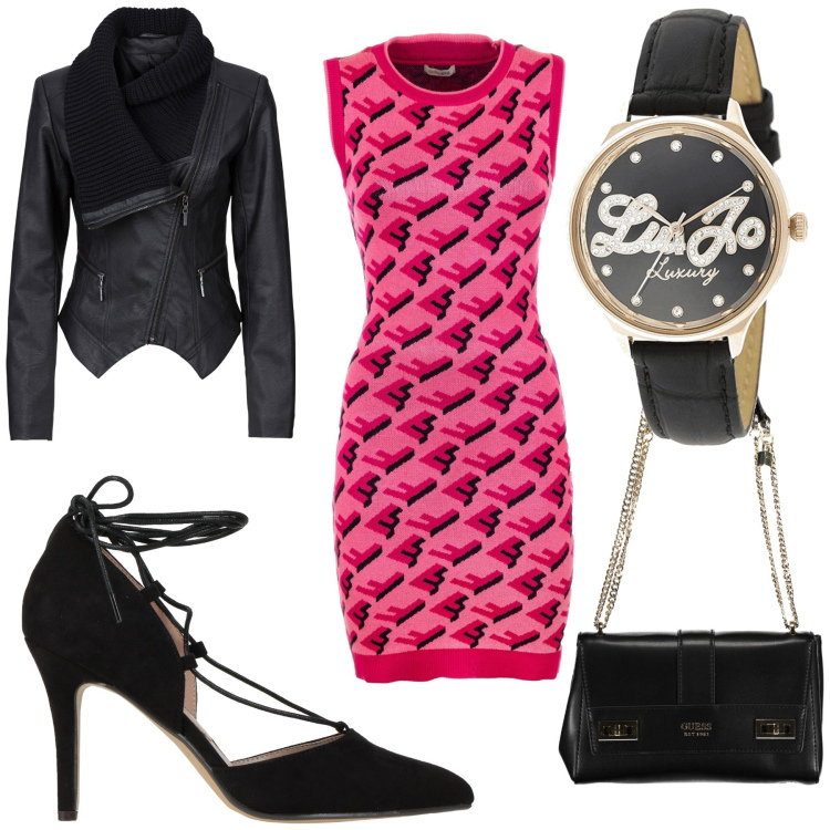 Outfit donna - Vestitino rosa. Stile Sexy per Tutti i giorni. Abbinamento con décolleté, orologi, blazer, vestiti senza maniche, borse a spalla.