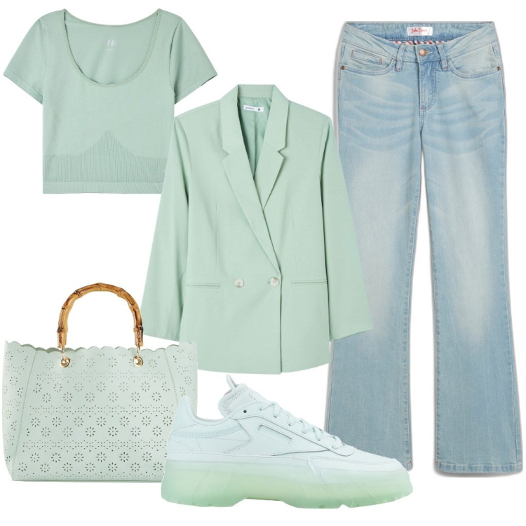 Outfit donna - Veronica: voglia di primavera. Stile Urban per Tutti i giorni. Abbinamento con jeans bootcut, borse a mano, sneakers, t-shirt, blazer.