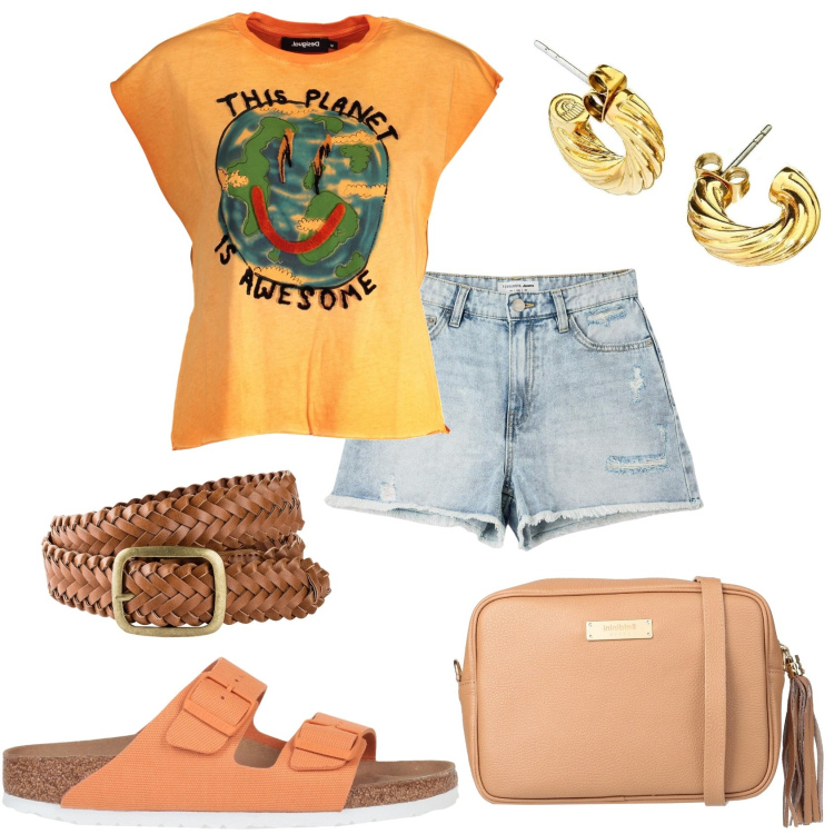Outfit donna - In pantaloncino e maglietta. Stile Casual per Tutti i giorni. Abbinamento con cinture, sandali, borse a tracolla, orecchini, shorts, t-shirt.