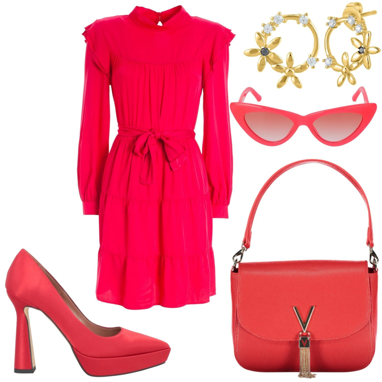 Outfit donna - In rosso ad una cerimonia. Stile Chic per Cerimonia. Abbinamento con décolleté, orecchini, vestiti, occhiali da sole, borse a spalla.