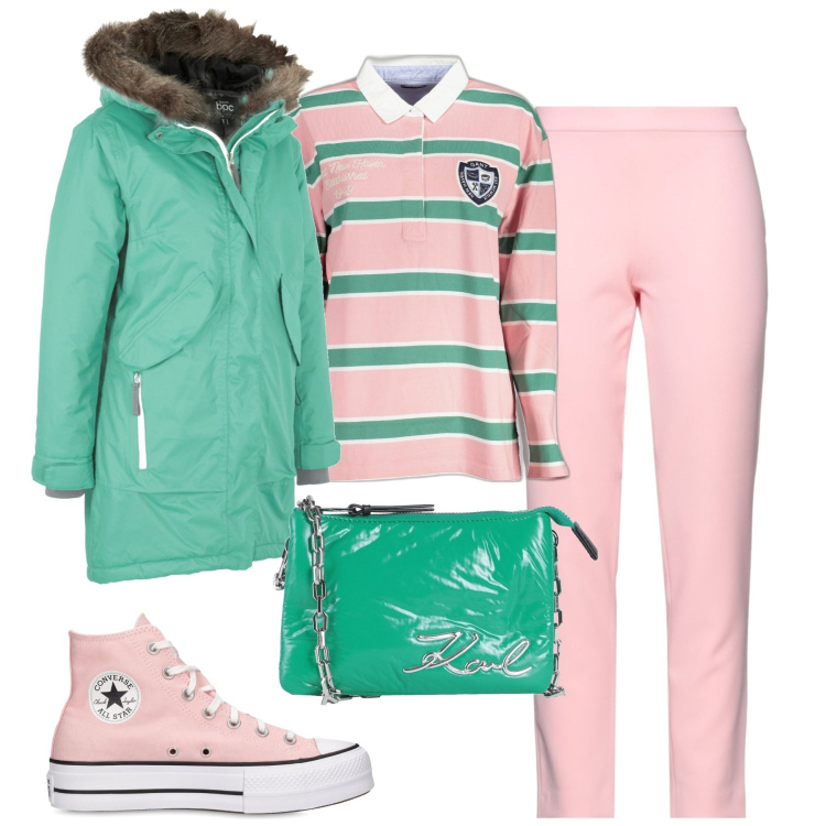 Outfit donna - City. Stile Urban per Tutti i giorni. Abbinamento con blazer, pantaloni, borse a mano, polo, sneakers.