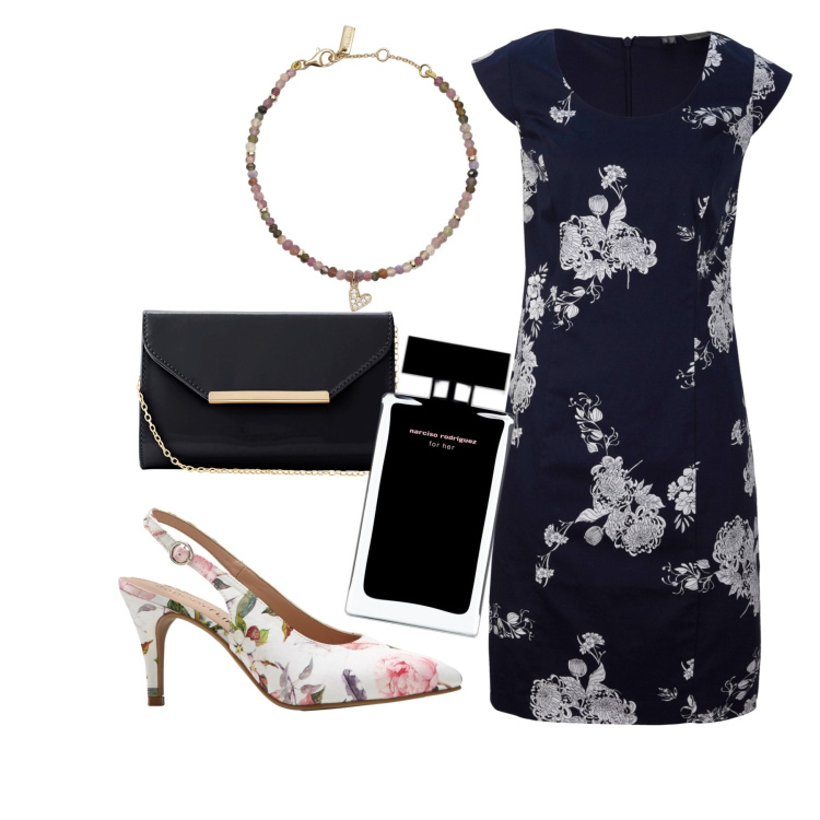 Outfit donna - Fiori di primavera. Stile Bon Ton per Serata fuori. Abbinamento con vestiti a tubino, décolleté, pochette, profumi, braccialetti.