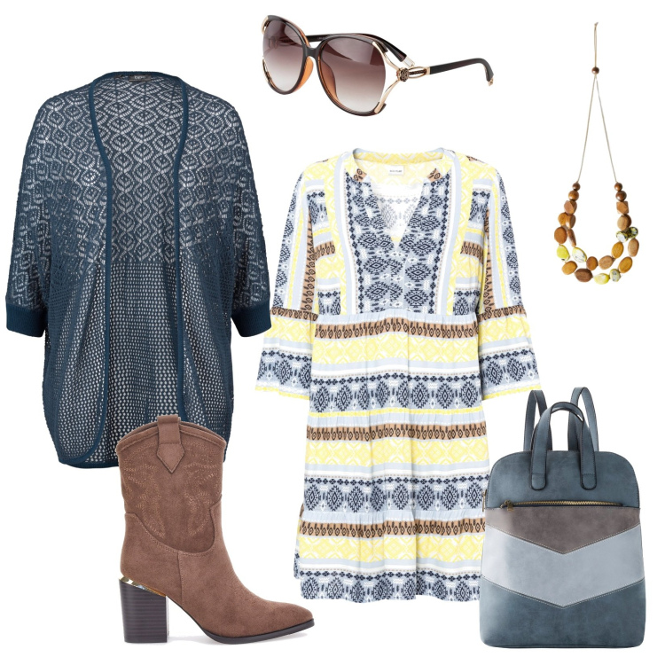 Outfit donna - Boho city. Stile Boho per Tutti i giorni. Abbinamento con cardigans, occhiali da sole, vestiti, zaini, stivaletti, collane.