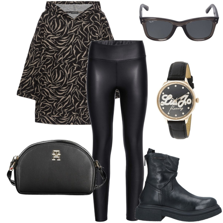 Outfit donna - La felpa con cappuccio. Stile Casual chic per Tutti i giorni. Abbinamento con leggings, stivaletti, orologi, t-shirt, occhiali da sole, borse a tracolla.