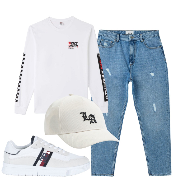 Outfit uomo - City. Stile Casual per Tutti i giorni. Abbinamento con sneakers, jeans strappati, t-shirt, cappelli.
