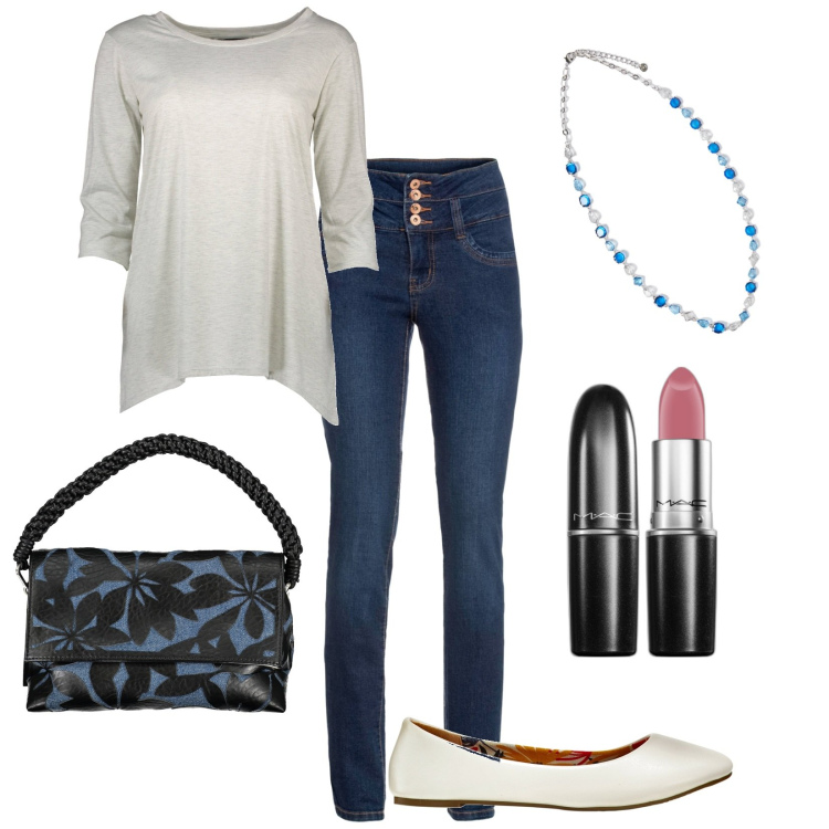 Outfit donna - In ufficio. Stile Casual per Ufficio. Abbinamento con ballerine, jeans, rossetti, borse a spalla, t-shirt, collane.
