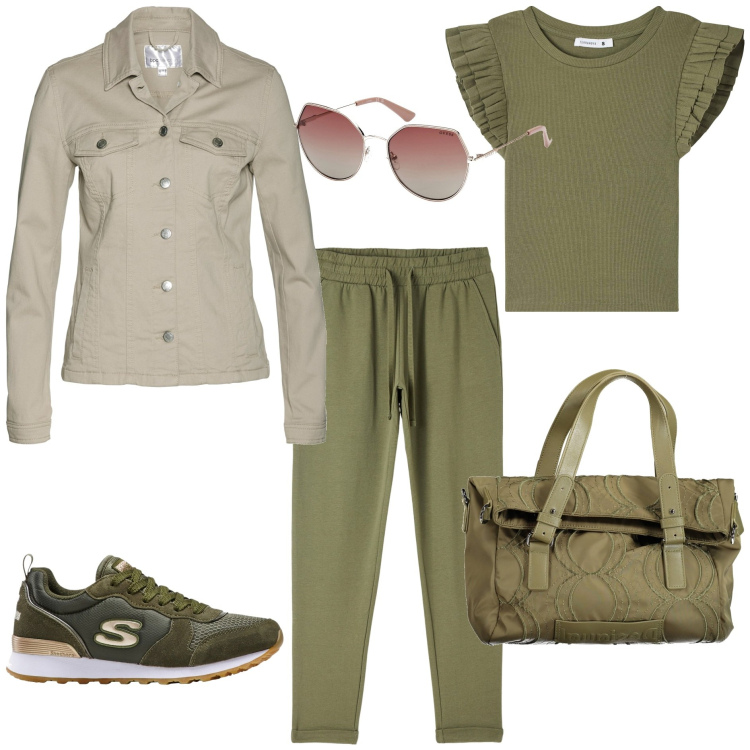 Outfit donna - Military green. Stile Trendy per Tutti i giorni. Abbinamento con blazer, sneakers, t-shirt, pantaloni skinny, borse a spalla, occhiali da sole.