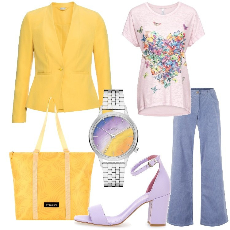 Outfit donna - E\' sempre l\'ora di te!. Stile Basic per Tutti i giorni. Abbinamento con blazer, maglieria, pantaloni, orologi, borse tote, sandali col tacco.