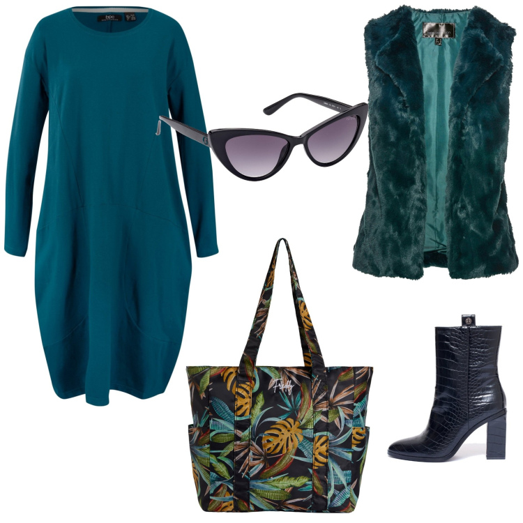 Outfit donna - Mattinata fresca. Stile Basic per Tutti i giorni. Abbinamento con vestiti, gilet, stivaletti, shopping bag, occhiali da sole.