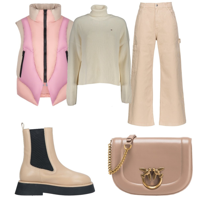 Outfit donna - Borsa Pinko. Stile Basic per Tutti i giorni. Abbinamento con stivaletti, borse a tracolla, pantaloni, piumini, maglieria.