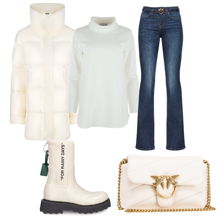 Outfit donna - Inverno con stile. Stile Casual per Tutti i giorni. Abbinamento con borse a tracolla, jeans, blazer, stivali di gomma, t-shirt.