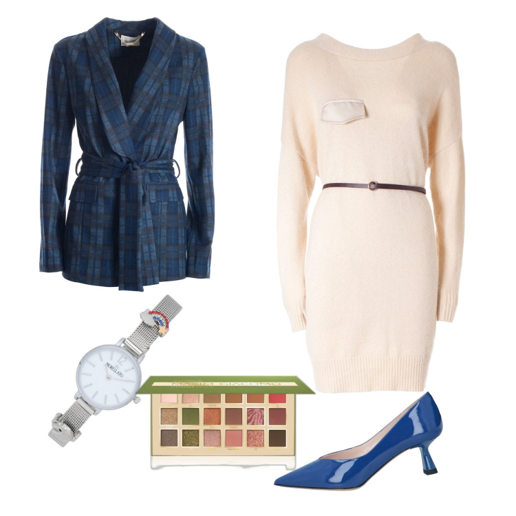 Outfit donna - Giacca Blu. Stile Bon Ton per Tutti i giorni. Abbinamento con décolleté, orologi, ombretti, blazer, vestiti midi/longuette.
