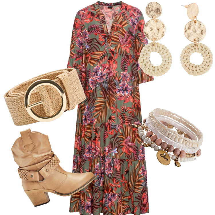 Outfit donna - Curvy. Stile Boho per Tutti i giorni. Abbinamento con vestiti lunghi, braccialetti, orecchini, stivaletti texani, cinture.