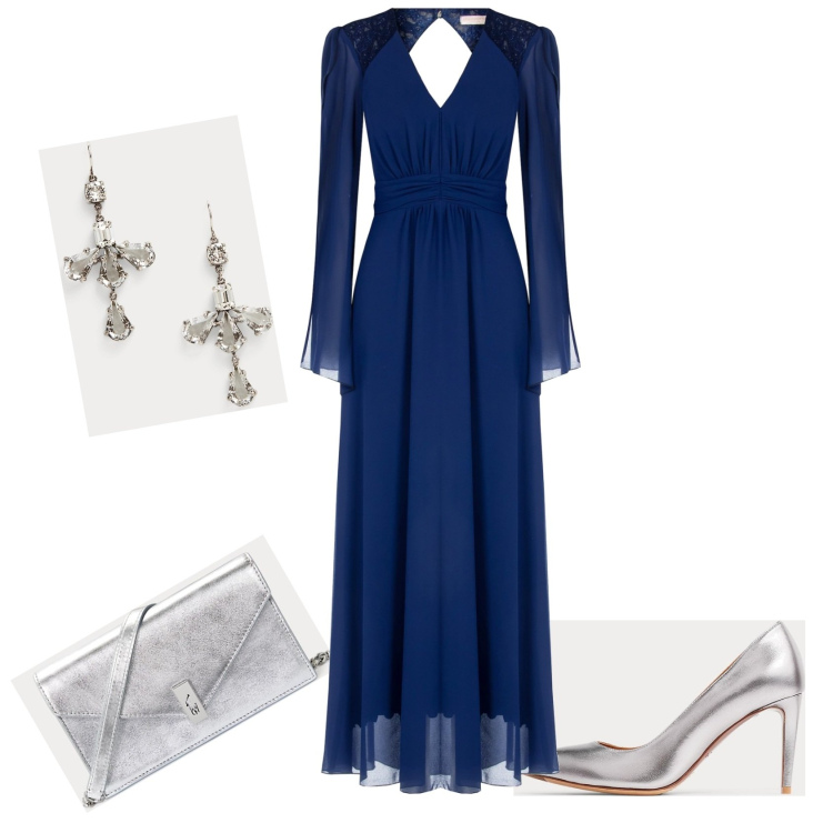 Outfit donna - Blu gotico. Stile Glamour per Serata fuori. Abbinamento con vestiti lunghi, orecchini, décolleté, clutch.