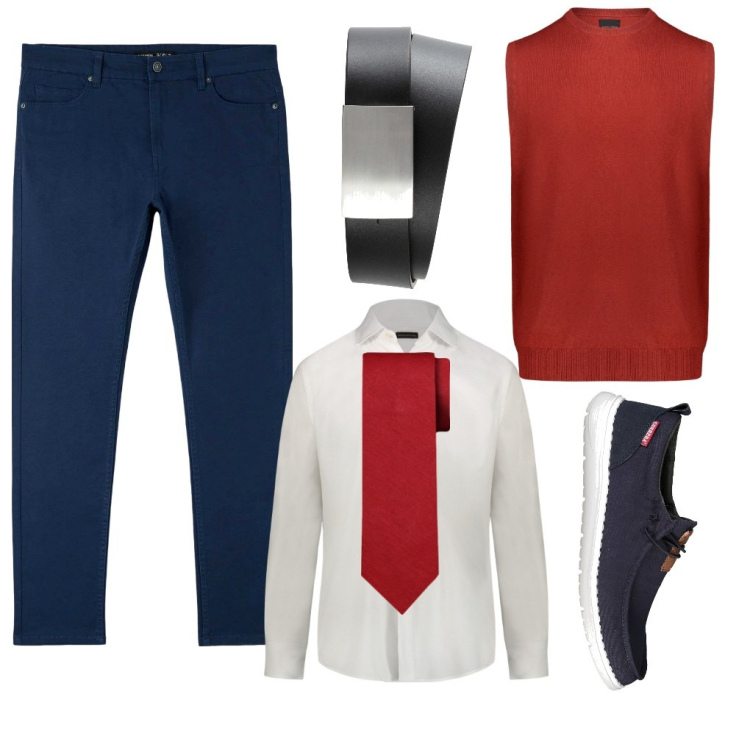 Outfit uomo - Manuel: cambio lavoro. Stile Business/Elegante per Ufficio. Abbinamento con cinture, pantaloni skinny, gilet, scarpe stringate, cravatte, camicie.