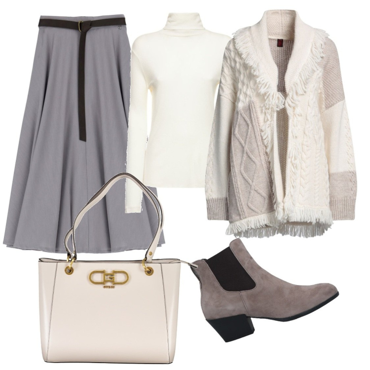 Outfit donna - Gonna e stivaletti grigi. Stile Casual per Tutti i giorni. Abbinamento con stivaletti chelsea, cardigans, gonne lunghe, borse a spalla, maglieria.