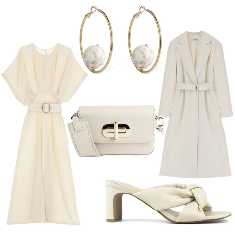 Outfit donna - Total white. Stile Bon Ton per Cerimonia. Abbinamento con borse a spalla, cappotti, vestiti midi/longuette, sandali col tacco, orecchini.