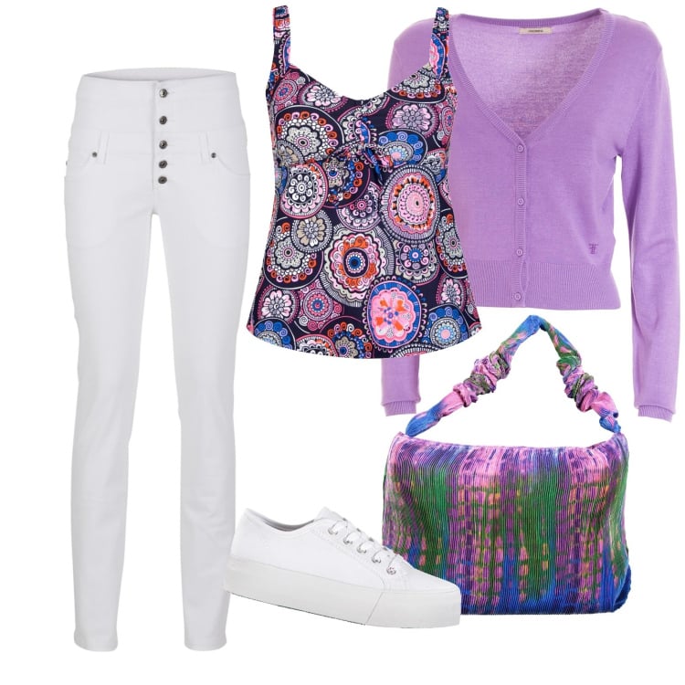 Outfit donna - Tempo libero. Stile Casual per Tutti i giorni. Abbinamento con top, sneakers, pantaloni skinny, cardigans, borse a spalla.