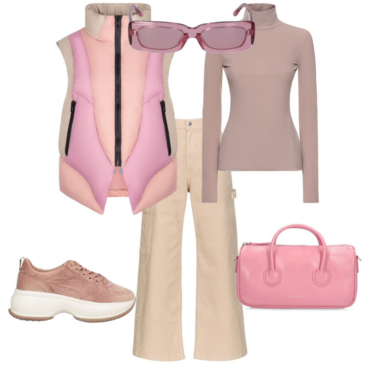 Outfit donna - Sporty chic per l ufficio. Stile Sporty chic per Ufficio. Abbinamento con sneakers, pantaloni, piumini, top, borse a mano, occhiali da sole.