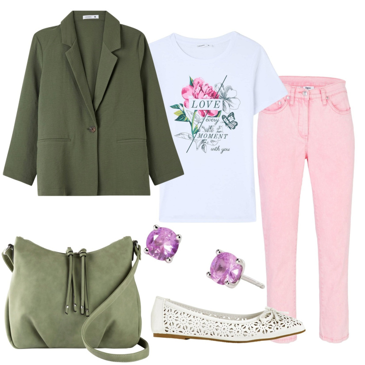 Outfit donna - Blazer green. Stile Casual per Tutti i giorni. Abbinamento con pantaloni, borse a tracolla, ballerine, t-shirt, blazer, orecchini.