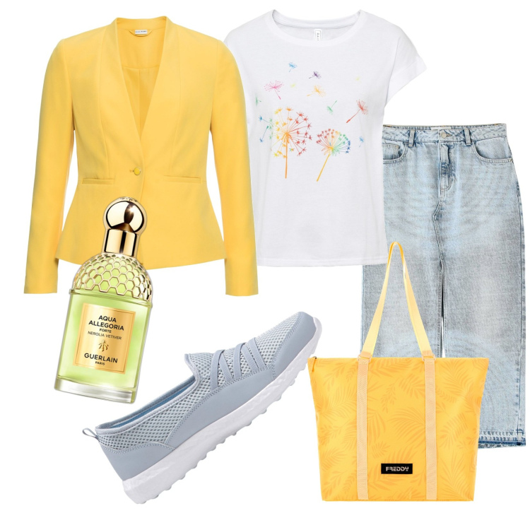 Outfit donna - Sole di primavera. Stile Casual per Tutti i giorni. Abbinamento con blazer, sneakers, t-shirt, profumi, gonne lunghe, borse tote.