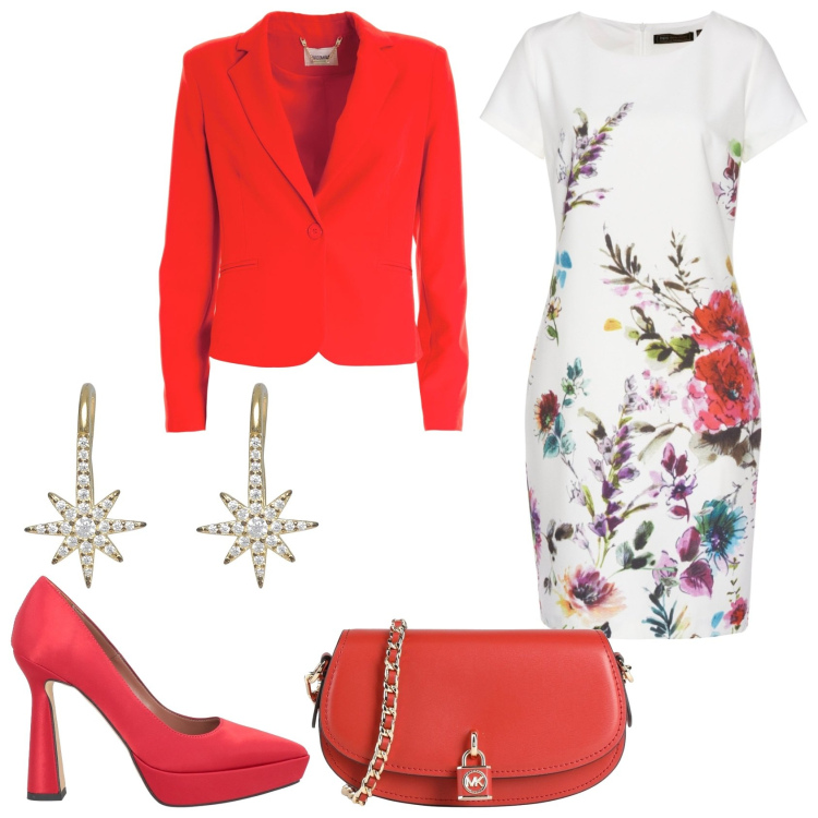 Outfit donna - Il vestito con fiori. Stile Casual chic per Tutti i giorni. Abbinamento con vestiti a tubino, décolleté, orecchini, borse a tracolla, blazer.