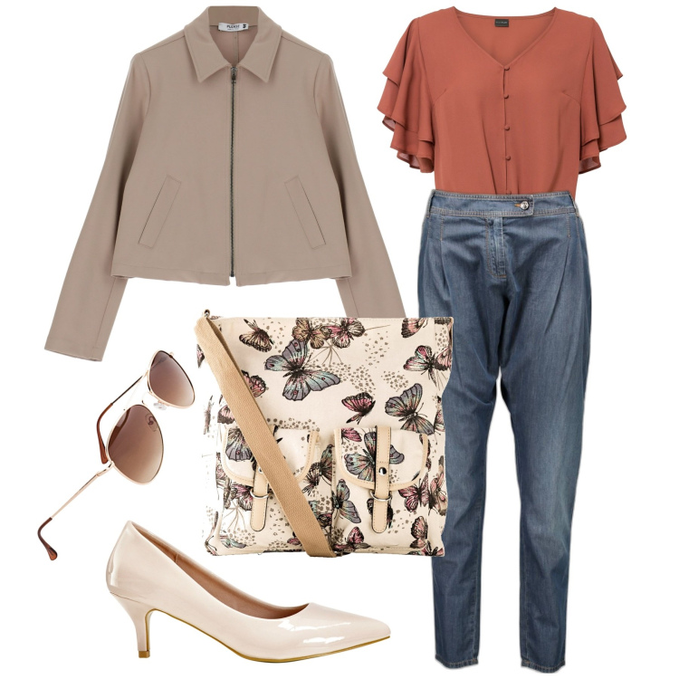 Outfit donna - Butterflies. Stile Casual per Tutti i giorni. Abbinamento con borse a tracolla, occhiali da sole, décolleté, camicie, blazer, jeans.