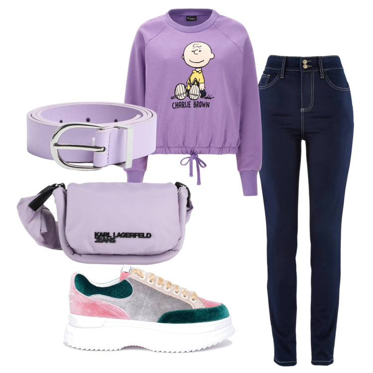 Outfit donna - Con Charlie. Stile Basic per Tutti i giorni. Abbinamento con jeans slim fit, borse a tracolla, cinture, sneakers, felpe.