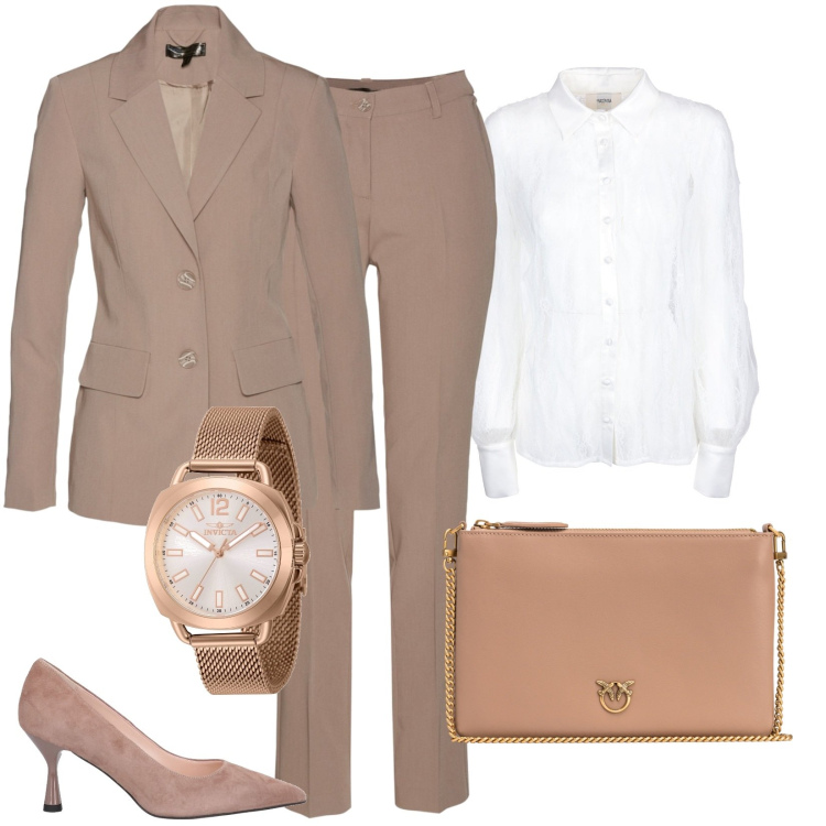Outfit donna - Total look #1836127. Stile Bon Ton per Ufficio. Abbinamento con giacche, décolleté, orologi, borse a tracolla, pantaloni a palazzo, camicie.