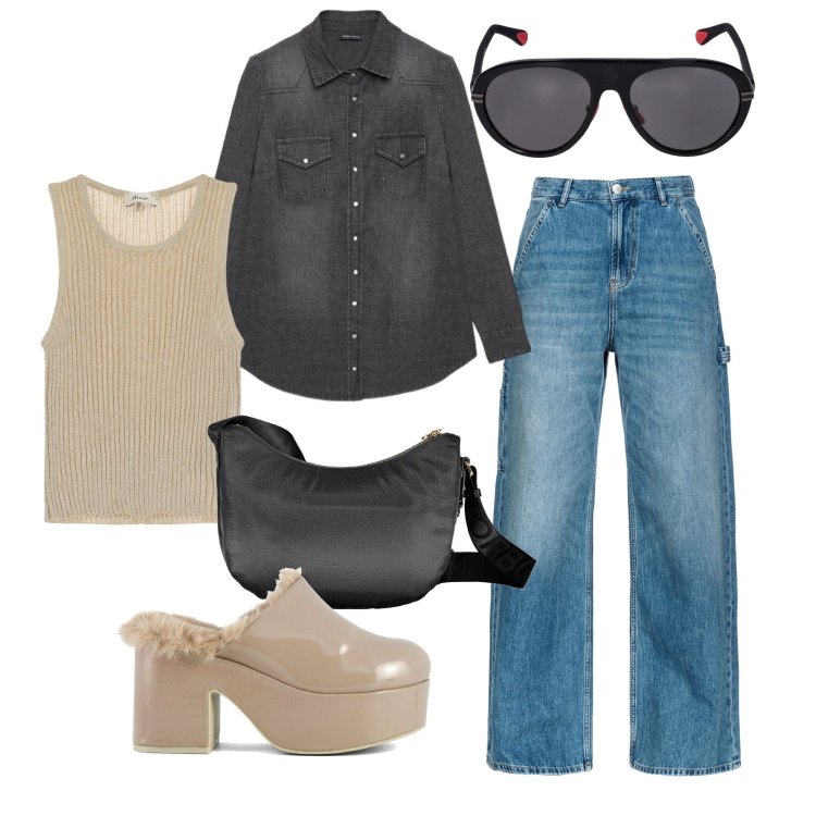 Outfit donna - Un casual raffinato. Stile Casual chic per Tutti i giorni. Abbinamento con jeans, top, sabot, borse a tracolla, occhiali da sole, camicie.