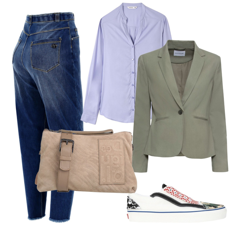 Outfit donna - Giacca verde oliva. Stile Casual per Tutti i giorni. Abbinamento con blazer, borse a tracolla, sneakers, camicie, jeans.