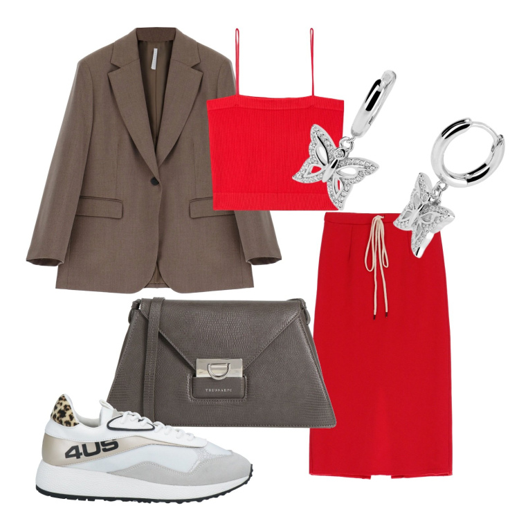 Outfit donna - Ghost outfitter - marzo. Stile Glamour per Tutti i giorni. Abbinamento con sneakers, borse a tracolla, top, orecchini, blazer, gonne longuette.
