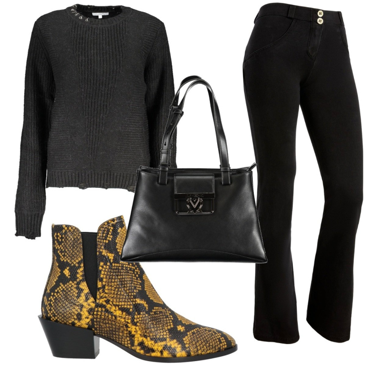 Outfit donna - Total look #1836178. Stile Trendy per Tutti i giorni. Abbinamento con stivaletti chelsea, jeggings, borse a spalla, maglieria.
