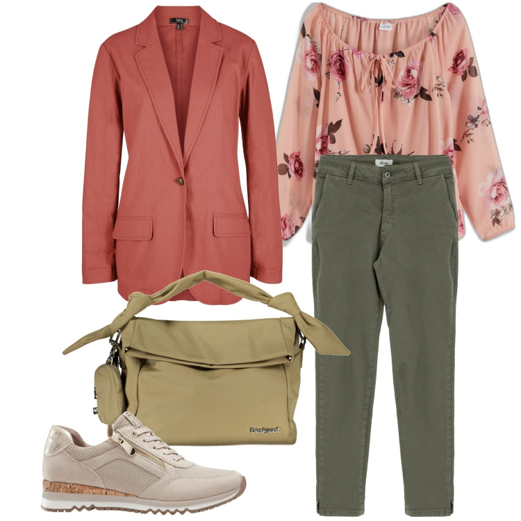 Outfit donna - La prima blusa a fiori. Stile Basic per Tutti i giorni. Abbinamento con sneakers, bluse, blazer, jeans slim fit, borse a spalla.