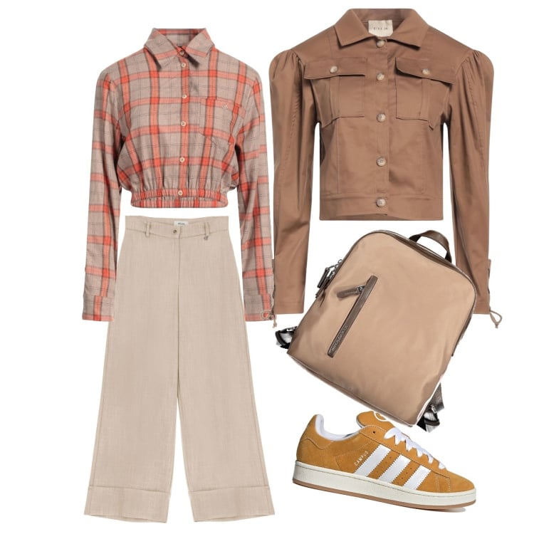 Outfit donna - Gita a pasquetta. Stile Sporty chic per Tutti i giorni. Abbinamento con camicie, blazer, pantaloni a palazzo, sneakers, zaini.
