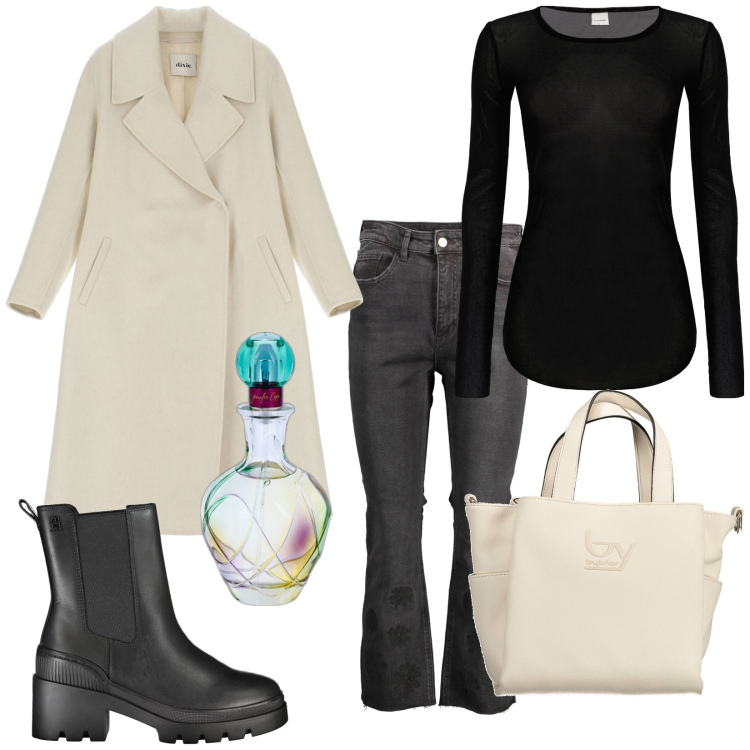 Outfit donna - Total look #1836203. Stile Basic per Tutti i giorni. Abbinamento con profumi, maglieria, cappotti, stivali, borse a spalla, jeans.