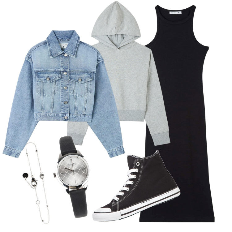 Outfit donna - Serata d\'inizio primavera. Stile Casual per Serata fuori. Abbinamento con sneakers alte, orologi, vestiti lunghi, felpe con cappuccio, blazer.