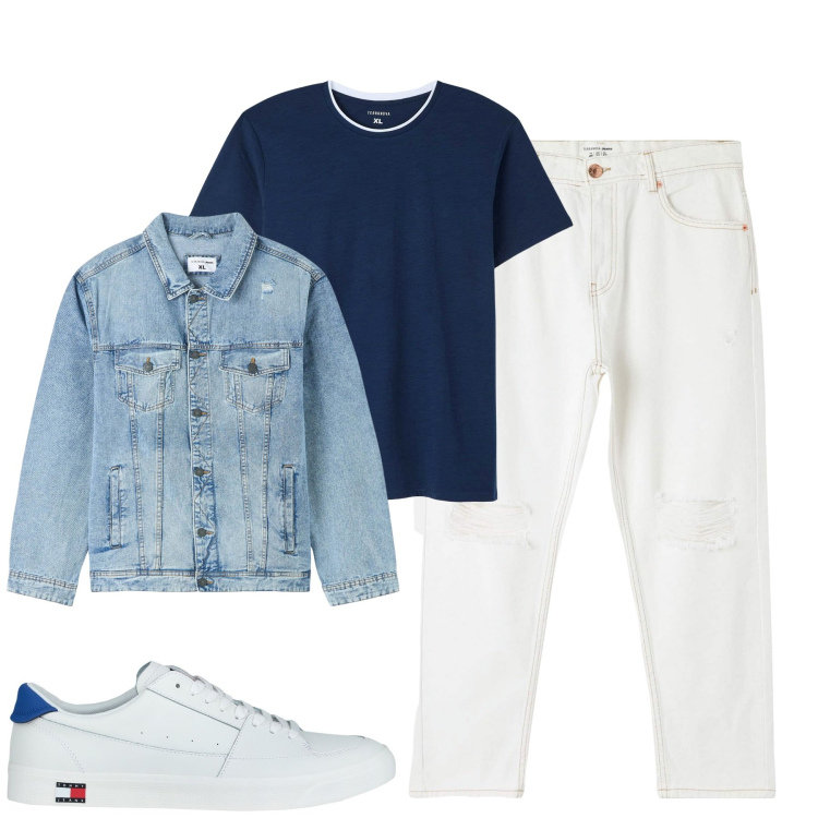 Outfit uomo - City. Stile Casual per Tutti i giorni. Abbinamento con sneakers, giacche, t-shirt, jeans strappati.