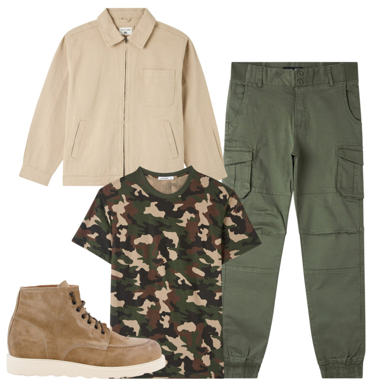 Outfit uomo - City. Stile Urban per Tutti i giorni. Abbinamento con giacche, t-shirt, pantaloni cargo, sneakers.