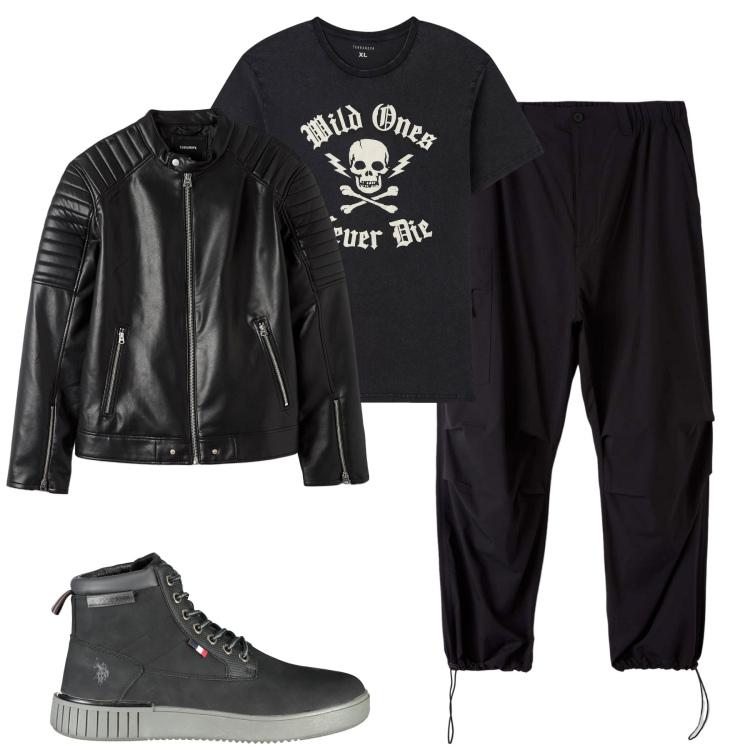 Outfit uomo - City. Stile Urban per Tutti i giorni. Abbinamento con pantaloni cargo, t-shirt, giacche, stivali.