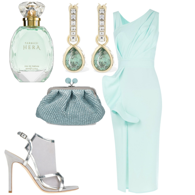 Outfit donna - Matrimonio. Stile Glamour per Cerimonia. Abbinamento con sandali in pelle, profumi, vestiti asimmetrici, orecchini, pochette.
