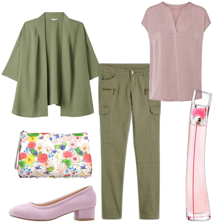 Outfit donna - Profumo Kenzo. Stile Chic per Tutti i giorni. Abbinamento con pantaloni cargo, camicie, décolleté, profumi, kimono, borse a mano.